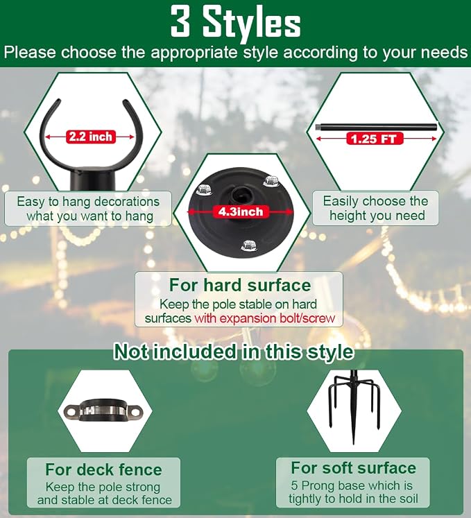 10ft String Light Poles for Hard Surfaces, Light Poles for Outdoor String Light, Perfect for Garden, Backyard, and Patio Lighting Stand for Parties, Wedding - Matte Black Finish - 2 Pack