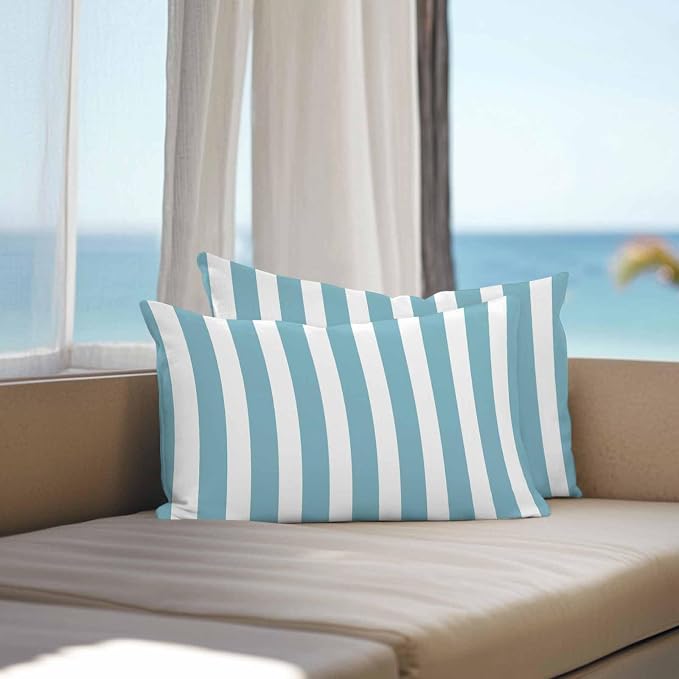 Aqua Striped Outdoor Waterproof Throw Pillow Covers 20x12 Set of 2, Modern Farmhouse Blue White Stripes Decorative Pillowcases Cushion Pillowcase for Couch Sofa Patio Outside Pillow Protector
