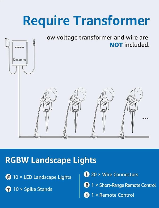 SUNVIE Low Voltage Landscape Lighting RGB Color Changing LED Landscape Lights with Remote Control Waterproof Garden Patio Spotlight Christmas Decoration for Outdoor(10 Pack with Connector) | RGB Color Changing LED Landscape Lights with Remote Control W...