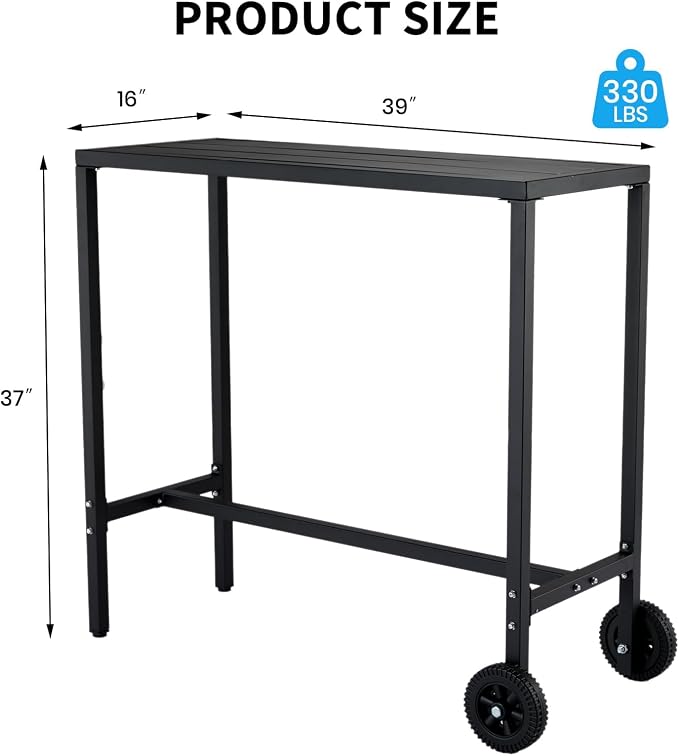 Takywep 39 Inch Counter Height Outdoor Bar Table with Wheels & Adjustable Leveling Feet, Multipurpose High Top Bar Table for Kitchen, Home Bar, Patio, Balcony, Black