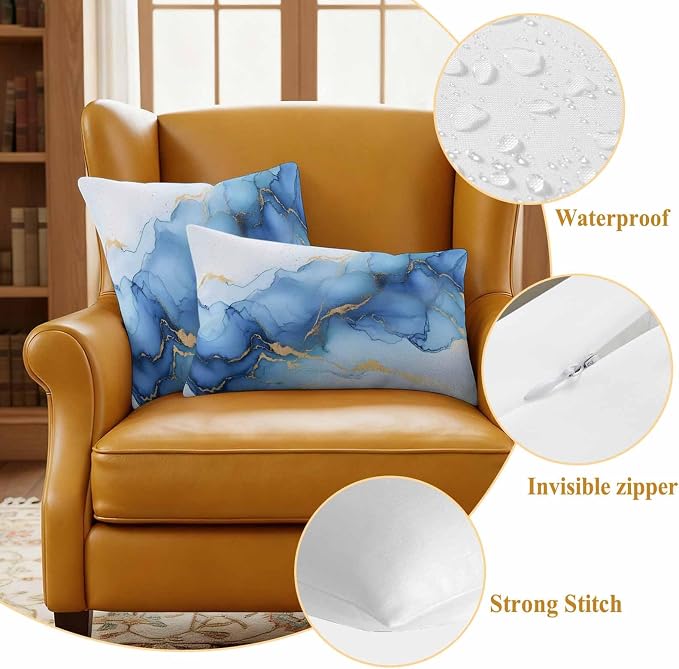 Abstract Marble Texture Outdoor Waterproof Throw Pillow Covers Set of 2, 20"x20", Gold Blue Gradient Modern Art Decoration Decorative Pillow Covers Outside Cushion Case for Patio Porch Garden