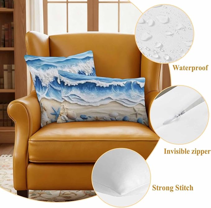 Summer Beach Outdoor Waterproof Throw Pillow Covers Set of 2, 16"x16", Seashell Starfish Nautical Coastal Decorative Pillow Covers Outside Cushion Case for Patio Porch Garden