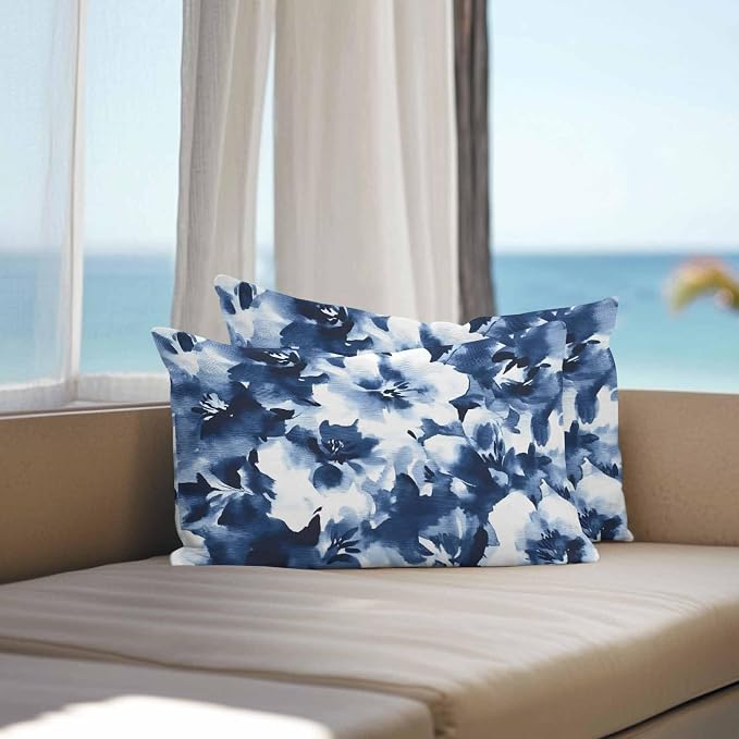 Abstract Watercolor Flower Art Outdoor Pillow Covers Set of 2,Decorative Waterproof Throw Pillow Case, Natural Blue White Floral Cotton Linen Soft Cozy Cushion Pillowcases
