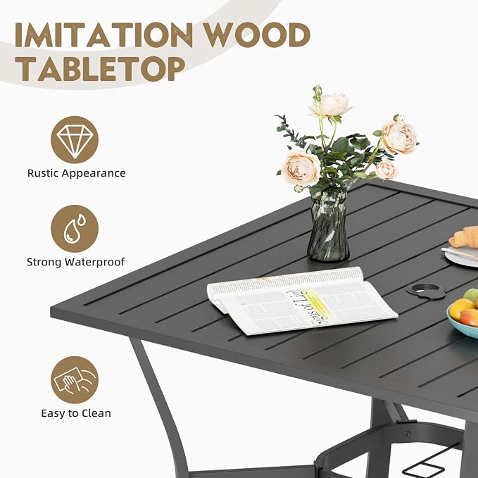 MELLCOM 37''x37'' Outdoor Dining Table for 4, Metal Patio Dining Table with 1.57'' Umbrella Hole and Adjustable Feet, All-Weather Black Square Table for Porch, Garden, Backyard, Poolside