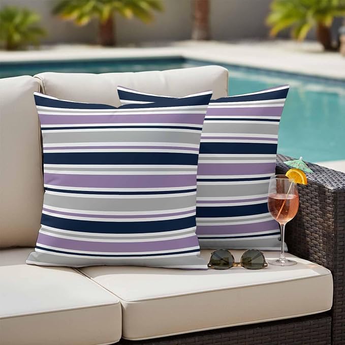 Outdoor Pillow Covers 16 x 16 Inches, Purple Grey Striped Waterproof Throw Pillow Cover Set of 2, Farmhouse Stripes Modern Abstract Art Decorative Square Cushion Covers for Patio/Couch/Garden