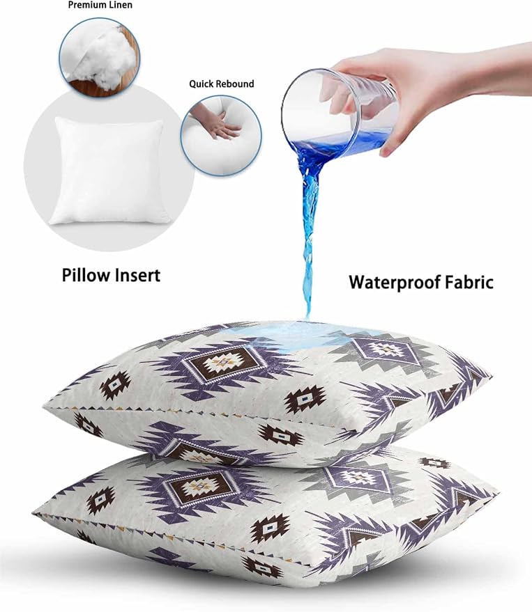 Waterproof Outdoor Pillow 1 Pack Purple Boho Aztec Decorative Throw Pillows Cover & Insert 18x18 Inch Pillowcase Southwest Tribal Style Square Pillows for Couch Sofa Bed Patio Furniture Indoor Outdoor