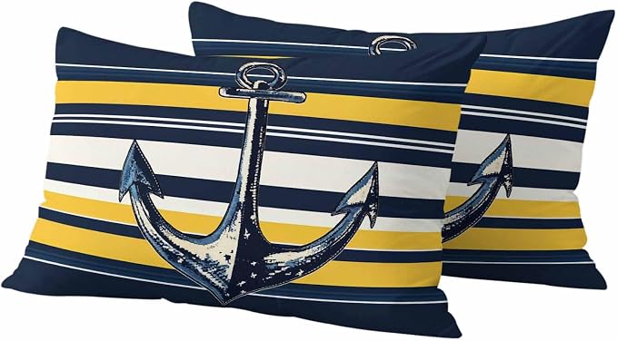 Vintage Anchor Outdoor Waterproof Pillow Covers Set of 2, Yellow Blue Striped Pillowcase Decorative Throw Cushion Cases for Patio Garden Couch 20 x 12 Inches