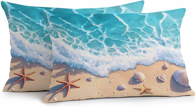 Ocean Beach Waterproof Outdoor Pillow Covers Set of 2 Home Decor, Coastal Nautical Starfish Shells Sea Waves Pillowcase Patio Pillow Covers for Couch Bench Furniture Garden 20x12in