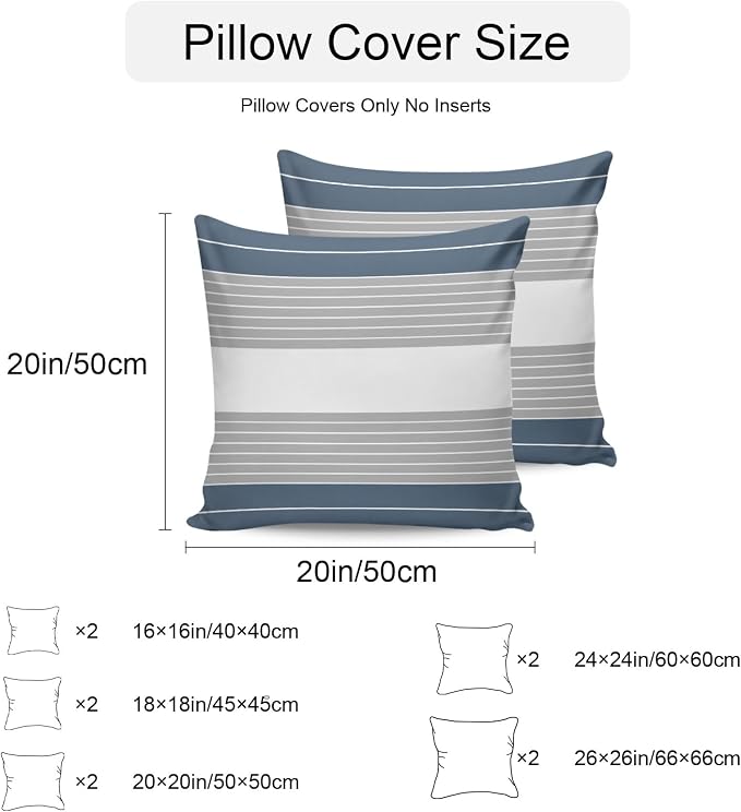 Haze Blue Grey Stripe Outdoor Pillow Covers Waterproof, All Weather Cushion Case Set of 2, Modern Art Horizontal Striped Decorative Pillowcases for Sofa Couch Bed Decor Patio Furniture 18"x18"