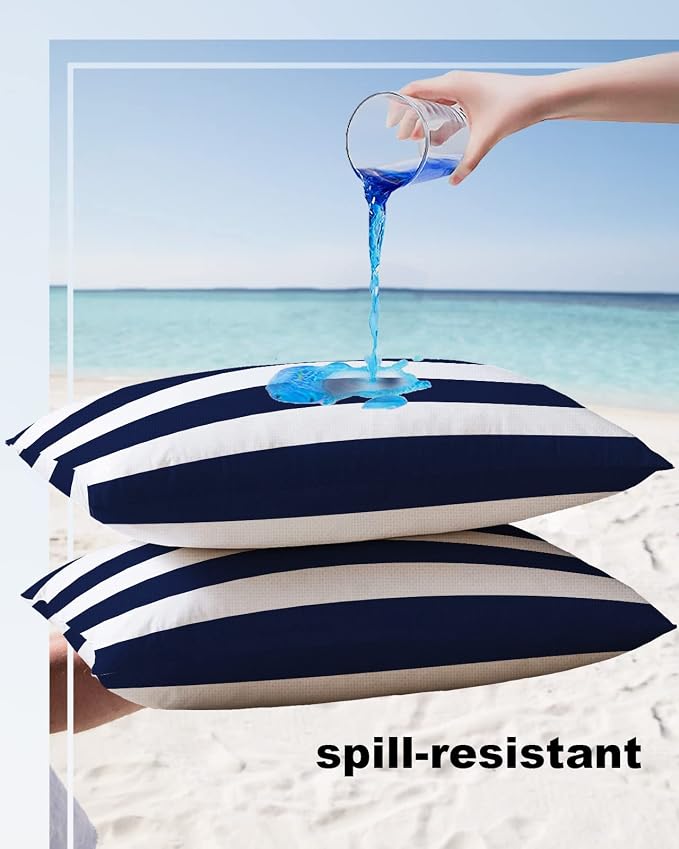 Outdoor Pillows Navy Blue White Stripes Waterproof Outdoor Pillow Covers Geometric Simple Summer Polyester Throw Pillow Covers Garden Cushion Decorative Case for Patio Couch Decoration Set of 2