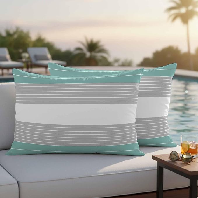Turquoise Grey Stripe Outdoor Pillow Covers Set of 2 Gradient Line Waterproof Throw Pillow Cover Decorative Cushion Cases for Patio Porch Garden 20X12 Inch