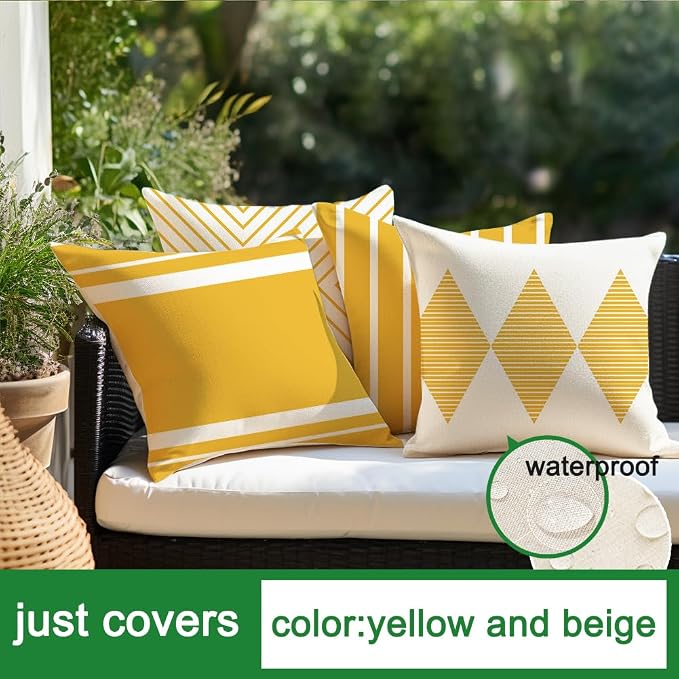 Outdoor Pillows Covers 18x18 Waterproof,Blue and Beige Set of 4(No Insert) | for Covered Patio Furniture Couch Sunbrella,No Insert Just Covers,Fit 18x18 inch Inserts or Smaller,Durable Polyester,Boho