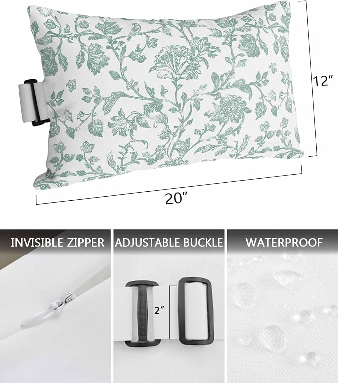 Pack of 2 Outdoor Lumbar Pillow Covers 12x20 Inch, Spring Flower Waterproof Throw Pillow Covers Set, Vintage Farmhouse Turquoise Boho Leaf Indoor&Outdoor Decorative Cushion Cases for Patio Porch Beach