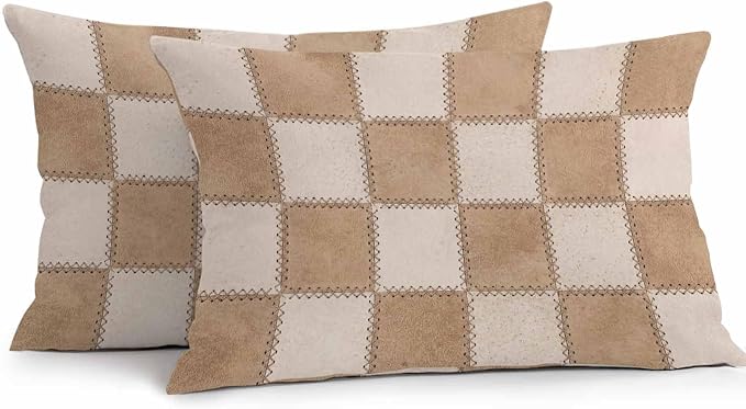 Brown Beige Checkered Outdoor Pillow Covers 20x12 Inch Lumbar Pillow Covers Set of 2 Waterproof Decorative Throw Pillow Cases Modern Farmhouse Plaid Burlap Cushion Covers for Patio Furniture Garden