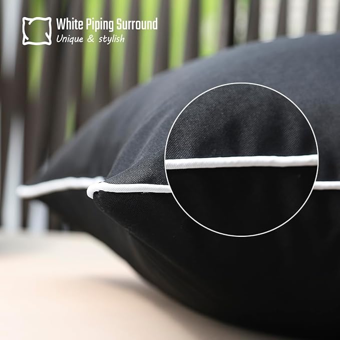 JOJOGOGO Black Outdoor Pillows Waterproof Throw Pillow Covers 18x18 Set of 2, Decorative Black and White Outdoor Sunproof Pillows 18 x 18 for Front Back Porch Patio Furniture (with White Piping)