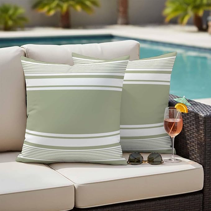 Vandarllin Outdoor Throw Pillows Covers 24x24 inch Set of 2 Waterproof Sage Green Stripes Decorative Zippered Cushion Covers for Patio Furniture, Striped Lines Lumbar Pillowcases