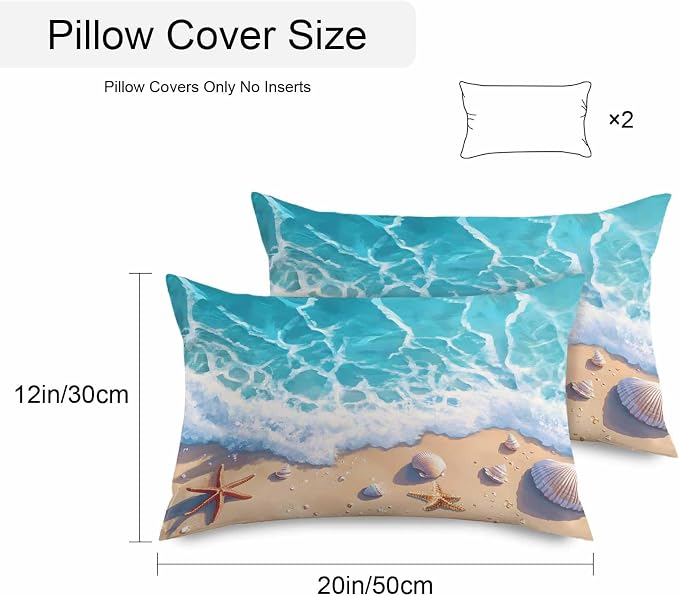 Ocean Beach Waterproof Outdoor Pillow Covers Set of 2 Home Decor, Coastal Nautical Starfish Shells Sea Waves Pillowcase Patio Pillow Covers for Couch Bench Furniture Garden 20x12in