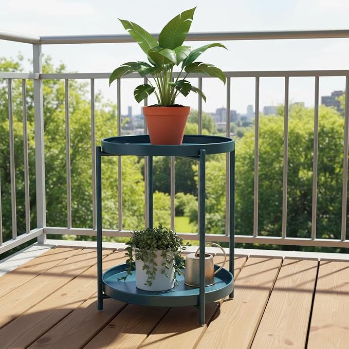 danpinera 2-Tier End Table, Outdoor Side Table Metal Round Side Table with Removable Tray, Small Accent Table, Anti-Rust Nightstand for Bedroom Balcony Patio Living Room (Navy Blue)