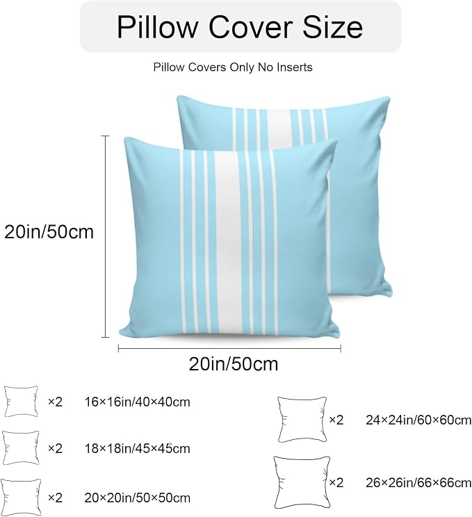 Aqua White Stripe Outdoor Pillow Covers 18x18 Inch Throw Pillow Covers Set of 2 Waterproof Decorative Pillow Cases Modern Rustic Vertical Striped Cushion Covers for Patio Furniture Garden Couch Sofa