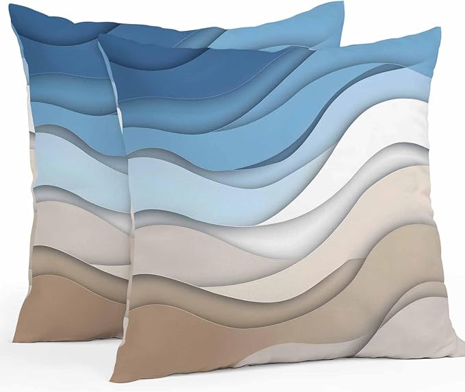 Modern Outdoor Pillow Covers Set of 2,Geometric Line Wave Striped Decorative Waterproof Throw Pillow Case,Minimalist Blue Brown Ombre Gradient Cushion Pillowcases for Couch Garden Patio,18x18In