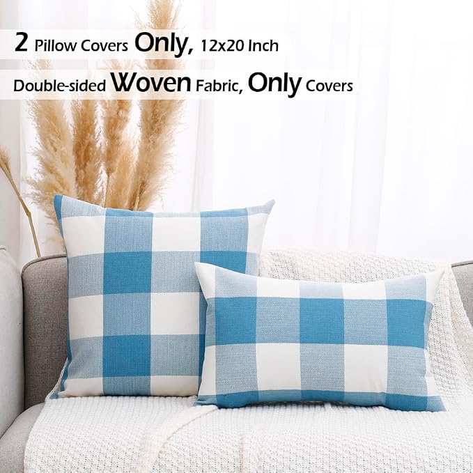 CARRIE HOME Light Blue and White Buffalo Check Plaid Lumbar Pillow Covers 12x20 Set of 2, Light Blue Checkered Summer Outdoor Lumbar Pillows, Lake Blue Couch Pillows Also for Patio Furniture
