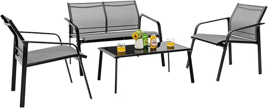 HAPPYGRILL 4 Piece Outdoor Conversation Set Patio Furniture Set, Breathable Fabric Single Chairs & Loveseat, Tempered Glass Coffee Table, Patio Bistro Set for Poolside Yard Garden