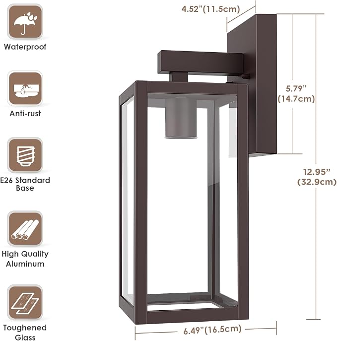MAXvolador Outdoor Wall Lantern, Exterior Waterproof Wall Sconce Light Fixture, Dark Chocolate Anti-Rust Mount Lights Glass, E26 Porch Patio Lighting | Porch Wall Sconce Dark Chocolate, Anti-Rust, E26 Socket, Clear Glass, Outside Wall Mount Light, Fron...