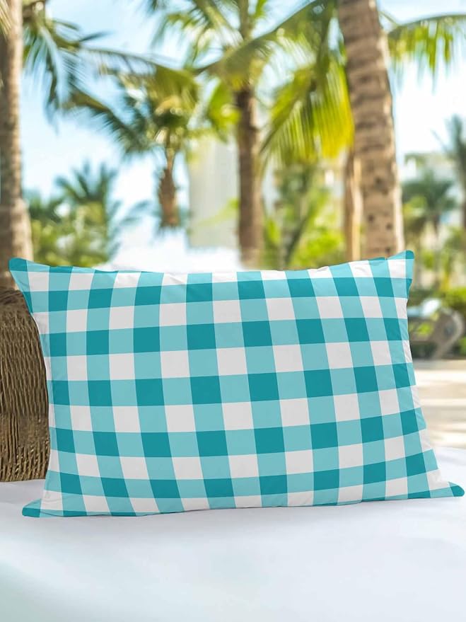 Waterproof Outdoor Pillow 1 Pack Turquoise Buffalo Plaid Decorative Throw Pillows Cover & Insert 20x12 Inch Lumbar Pillowcase Check Lines Pillows for Couch Sofa Bed Patio Furniture Indoor Outdoor