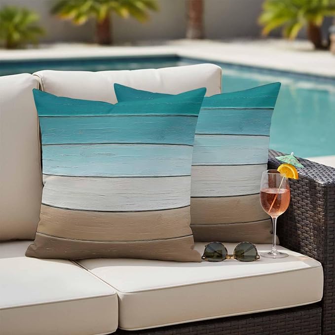 Teal Brown Outdoor Pillow Covers 24x24 Inch Throw Pillow Covers Set of 2 Waterproof Decorative Pillow Cases Rustic Vintage Abstract Ombre Wooden Plank Cushion Covers for Patio Furniture Garden Couch