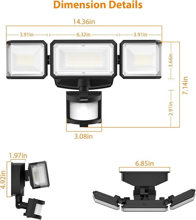 LEPOWER 1500LM Battery Powered Outdoor LED Flood Light with Motion Sensor | IP65 Waterproof, Wireless Battery Operated Security Lights, 3 Head Motion Detector Light for Garage,Yard,Porch,Driveway-Black