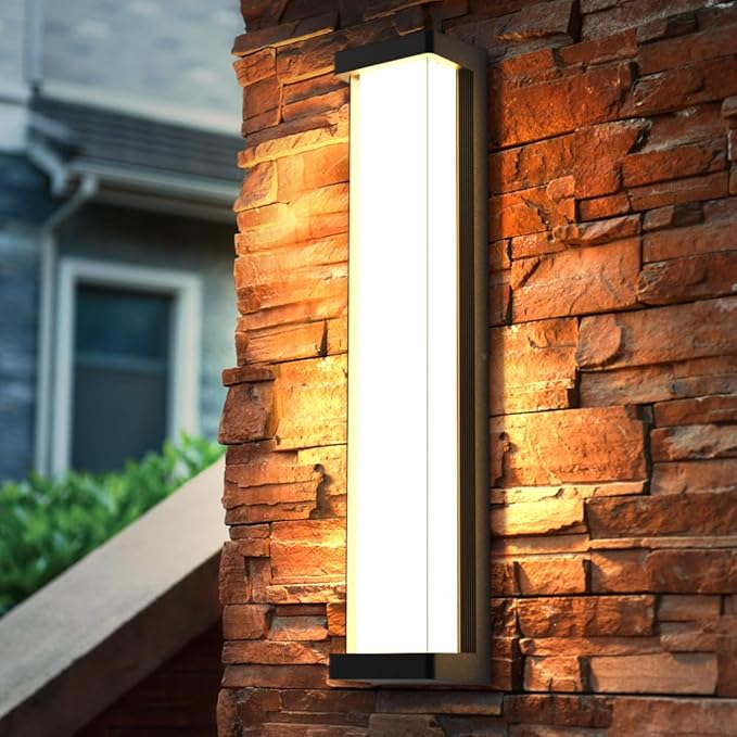 10%-100% Dimming Exterior Garage Lights,23.6in Dimmable LED Modern Patio Wall Light Fixture, Rectangle Black Aluminum+Dual PC Wall Sconce for Garage Bathroom Room Courtyard House(3000K)