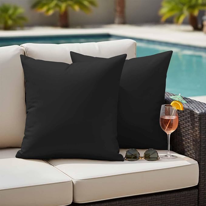 Outdoor Pillow Covers 20 x 20 Inches, Black Pure Color Waterproof Throw Pillow Cover Set of 2, Aesthetics Contemporary Luxury Decorative Square Cushion Covers for Patio/Couch/Garden
