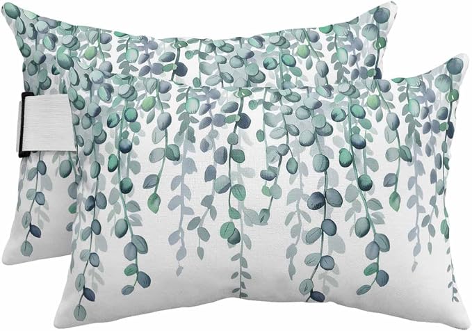 Outdoor Pillows Waterproof Covers Set of 2, Teal Green Eucalyptus Leaves Adjustable Elastic Chaise Lounge Headrest Pillow Covers, Watercolor Branches Lumbar Pillow for Beach Patio Furniture 11x16 Inch