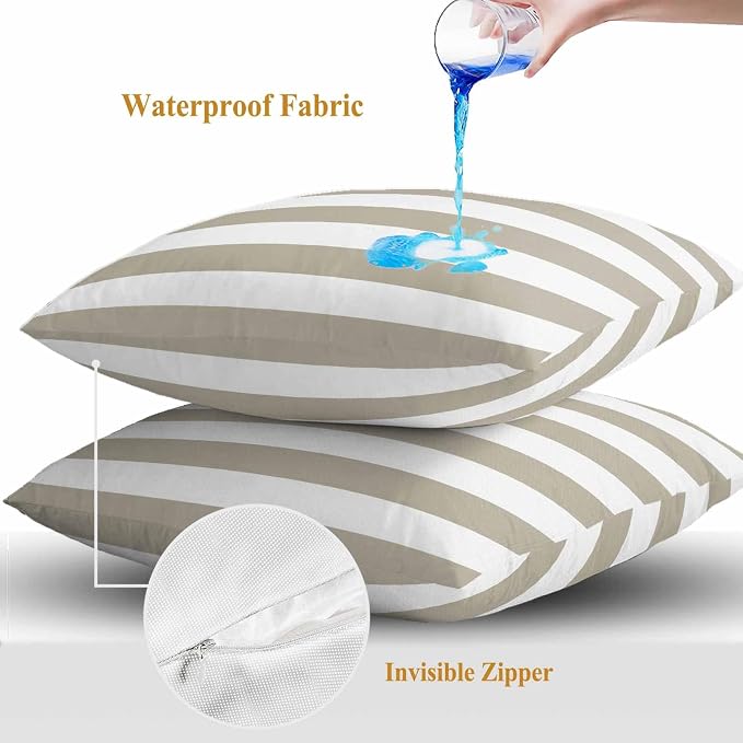 Tan and White Stripe Outdoor Waterproof Throw Pillow Covers Set of 2, 20"x20", Brown Stripes Simple Decorative Pillow Covers Outside Cushion Case for Patio Porch Garden