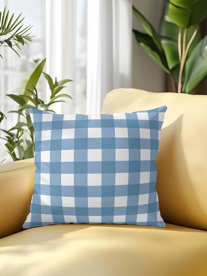 Waterproof Outdoor Pillow 1 Pack Buffalo Plaid Decorative Throw Pillows Cover & Insert 18x18 Inch Pillowcase Blue Check Lines Square Pillows for Couch Sofa Bed Patio Furniture Indoor Outdoor