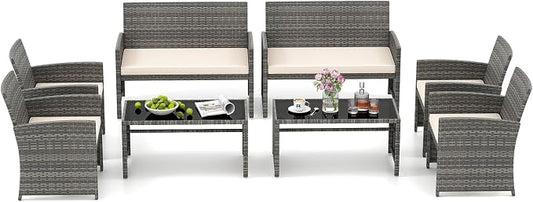 HAPPYGRILL 8 Piece Rattan Wicker Patio Conversation Set, Outdoor Furniture with Chair Loveseat Table & Cushion, for Backyard Porch Balcony (2, Off White)
