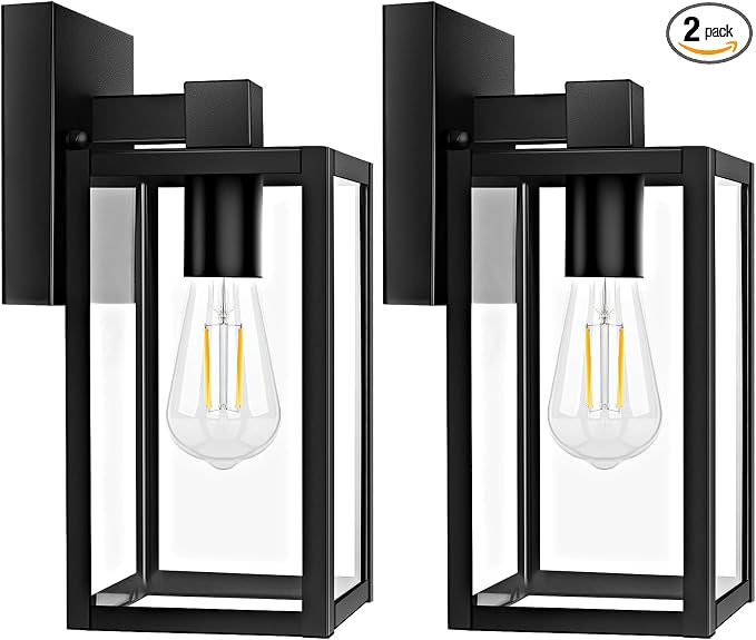 2-Pack Outdoor Wall Lantern, Exterior Waterproof Wall Sconce Light Fixtures, Black Outside Wall Lights with Clear Glass for House, Porch, Front Door, Garage, Patio, Bulbs Not Included