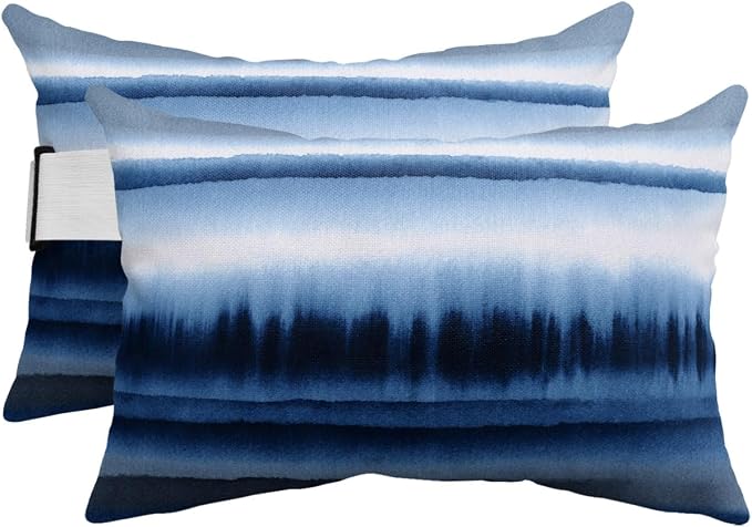 Outdoor Pillows Waterproof Covers Set of 2, Abstract Art Waves Elastic Chaise Lounge Headrest Pillow Covers, Stripes Watercolor Gradient Blue Lumbar Pillow for Beach Patio Furniture 20x12 Inch