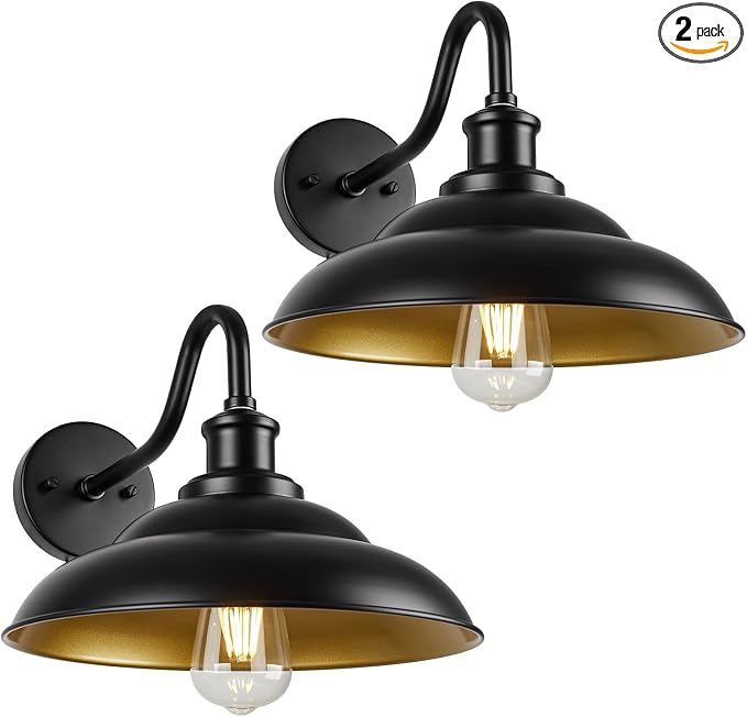Outdoor Barn Light, 12'' Farmhouse Exterior Wall Mount Light, Outdoor Indoor Wall Sconce, Exterior Porch Lighting Fixture, Industrial Black Lantern for Entry Garage, 2 Pack
