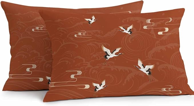 Japanese Style Outdoor Pillow Covers 20x12 Inch Lumbar Pillow Covers Set of 2 Waterproof Decorative Throw Pillow Cases Vintage Art Cranes Ocean Wave Red Cushion Covers for Patio Furniture Garden Couch