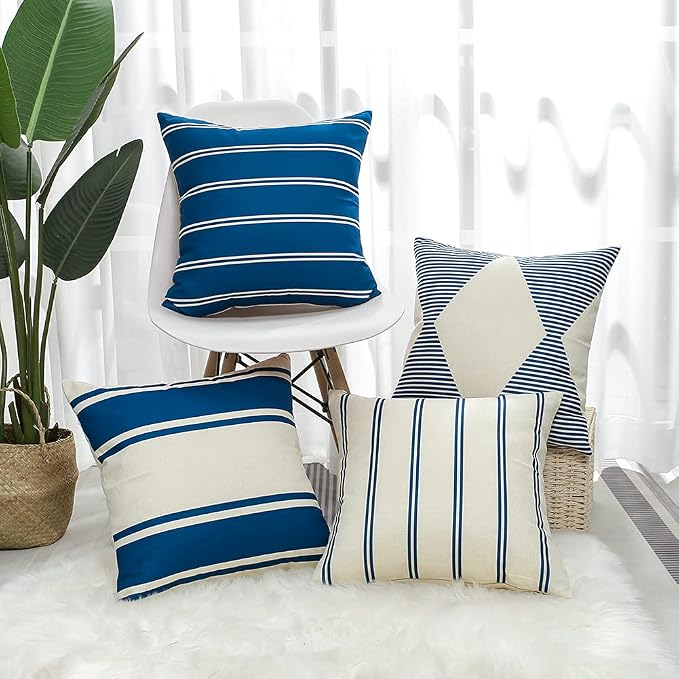 OTOSTAR Waterproof Outdoor Pillow Covers 18x18 Inch Modern Geometry Decorative Throw Pillow Cases Square Cushion Case Pack of 4 Garden Throw Pillow Covers for Patio Furniture Couch Tent (Navy Blue)
