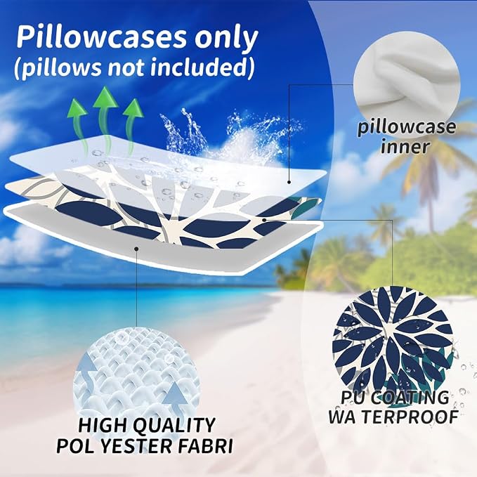 DFXSZ Outdoor Waterproof Pillow Covers 18x18 Set of 2 NavyBlue Green Flower | Spring Summer Waterproof Flower Throw Pillowcases（No Inserts）Outdoor Decor for Patio Funiture Garden Polyester Covers