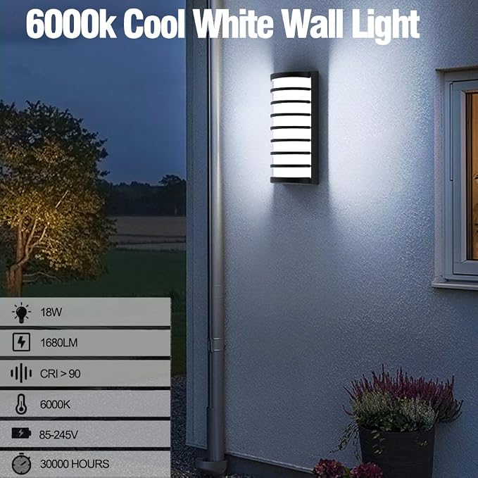 Modern Outdoor Wall Sconce Lights,LED Exterior Wall Light Fixtures,6000k Cool White Wall Mounted LED Lamps,Black Porch&Patio Light for House,IP65 Waterproof for Hallway Stairs Gardens(6000k)