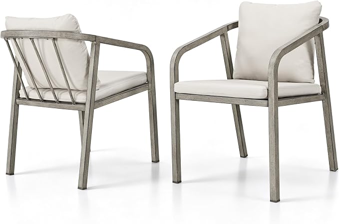 Never-Rust Aluminum Outdoor Dining Chairs Set of 2, Patio Dining Chairs with Ultra-Thick Cushion, Outdoor Patio Chairs with Wraparound Backrest and Armrest for Poolside, Porch, Deck, Gray Oak