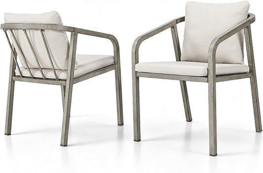 Never-Rust Aluminum Outdoor Dining Chairs Set of 2, Patio Dining Chairs with Ultra-Thick Cushion, Outdoor Patio Chairs with Wraparound Backrest and Armrest for Poolside, Porch, Deck, Gray Oak