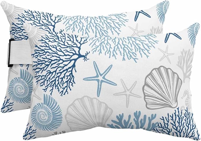 Chaise Lounge Head Pillows,Ocean Shell Starfish Coral Outdoor Waterproof Patio Throw Pillows Watercolor Marine Life Theme Lumbar Pillow for Patio Beach Pool