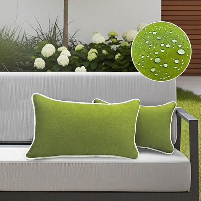 HER HWA Outdoor Lumbar Pillow Covers White Piping 20"x12" Set of 2, Garden | durable fade-resistant water-resistant 100% polyester white piping smooth zipper machine washable for indoor outdoor décor