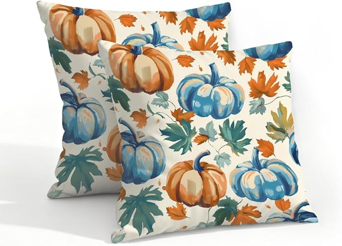 18x18 Inch Outdoor Pillow Covers Set of 2 Waterproof Throw Pillow Covers Decorative Couch Cushion Covers Blue Pumpkin Fall Leaf Square Pillowcases Protectors for Patio Garden Sofa