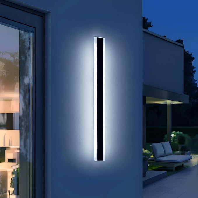 57inch Modern Long Outdoor Wall Lights, 3000K-6000K Dimmable Linear Wall Sconce, IP65 Waterproof, Black Exterior Lighting Fixture for House, Patio, Garden, Yard, House with Remote Control