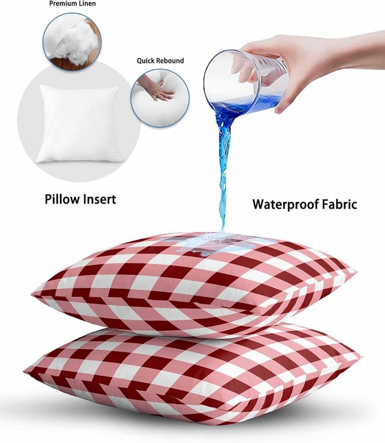 Waterproof Outdoor Pillow Set of 2 Red Check Buffalo Plaid Decorative Throw Pillows Cover & Insert 16x16 Inch Pillowcase Check Lines Square Pillows for Couch Sofa Bed Patio Furniture Indoor Outdoor